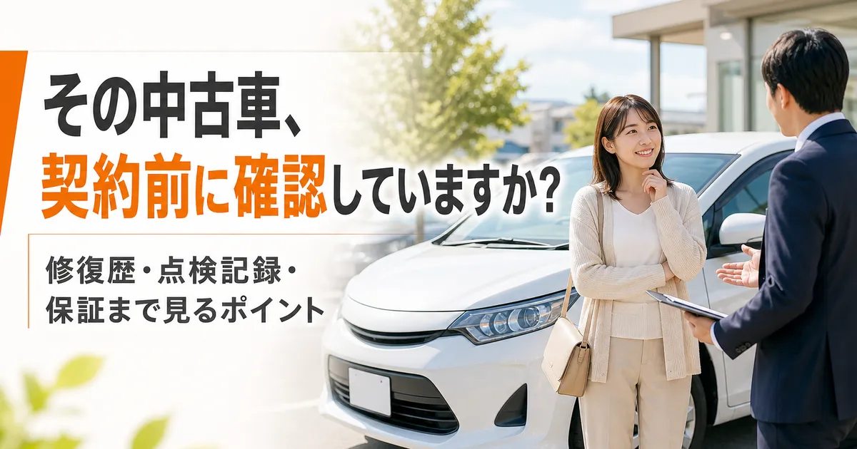 中古車購入前に確認したい車両状態のチェックポイントを紹介するイメージ画像