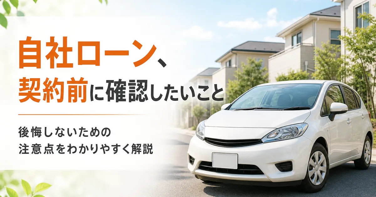 自社ローンでの中古車購入を検討する人と、確認事項を説明するスタッフのイメージイラスト