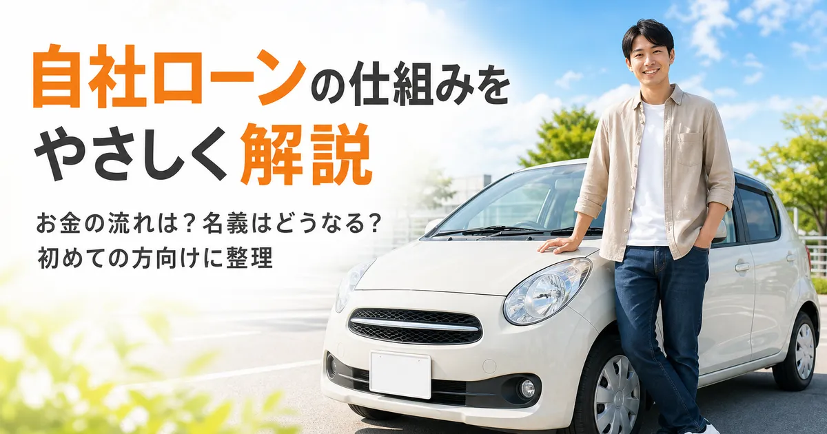 中古車の前で分割払いの仕組みについて説明を受ける人物のイラスト