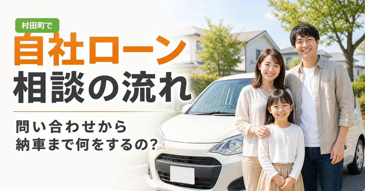 自社ローンの相談の流れについて説明するイメージ。中古車の横で笑顔の担当者が案内している様子