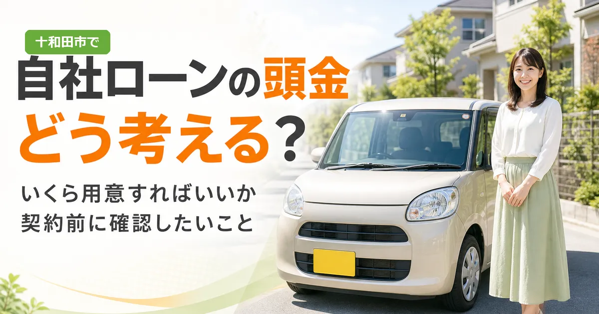 中古車の前で頭金と支払い計画について考える人物のイメージ