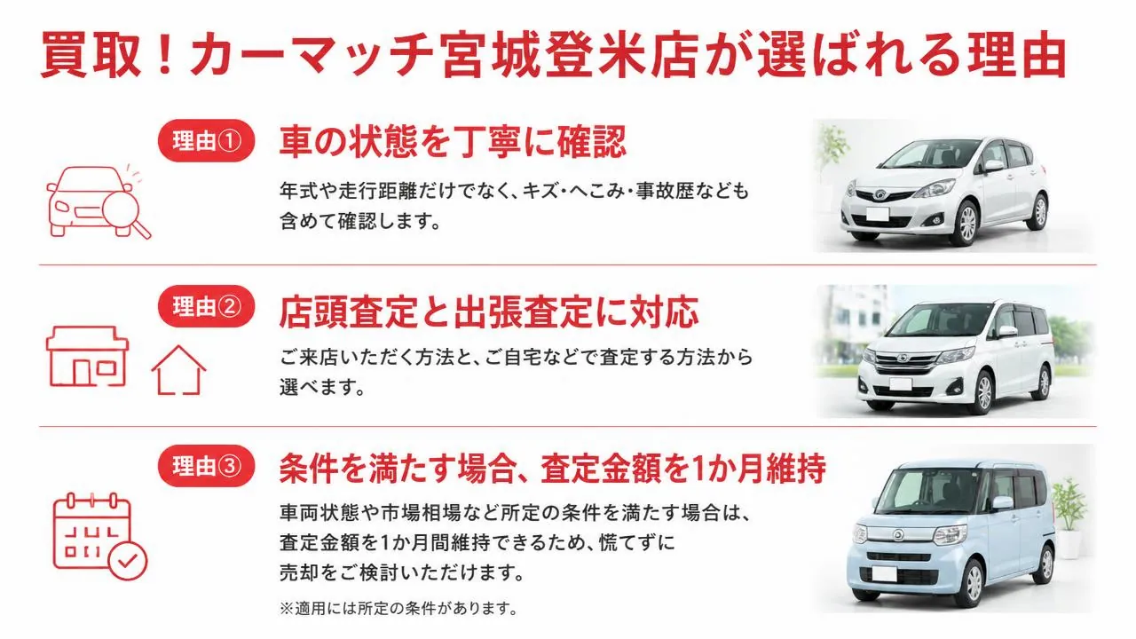 宮城県登米市の買取!カーマッチ宮城登米店が選ばれる理由|店頭査定・出張査定対応、条件を満たす場合の査定金額維持、地域密着の車買取サービス