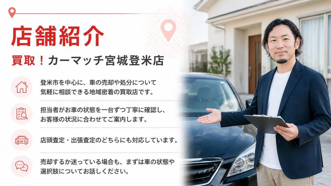宮城県登米市の買取!カーマッチ宮城登米店|担当者がお車の状態を丁寧に確認し、店頭査定・出張査定に対応する地域密着の車買取店