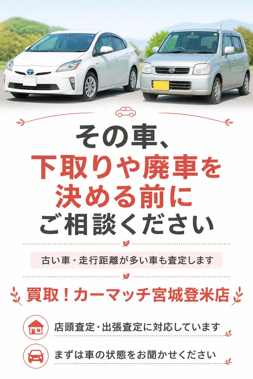 宮城県登米市で古い車や走行距離が多い車の店頭査定・出張査定に対応する買取!カーマッチ宮城登米店