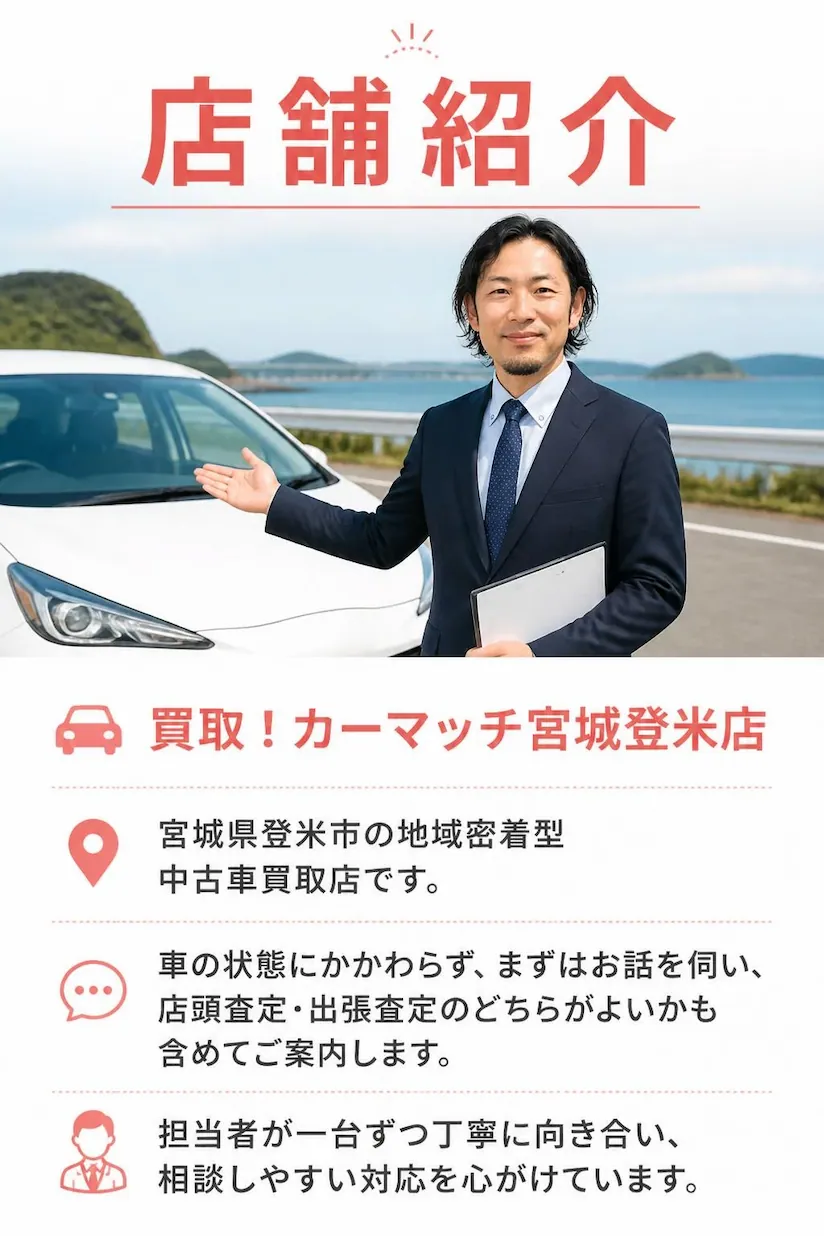 宮城県登米市の買取!カーマッチ宮城登米店|担当者が一台ずつ丁寧に対応する地域密着型の中古車買取店