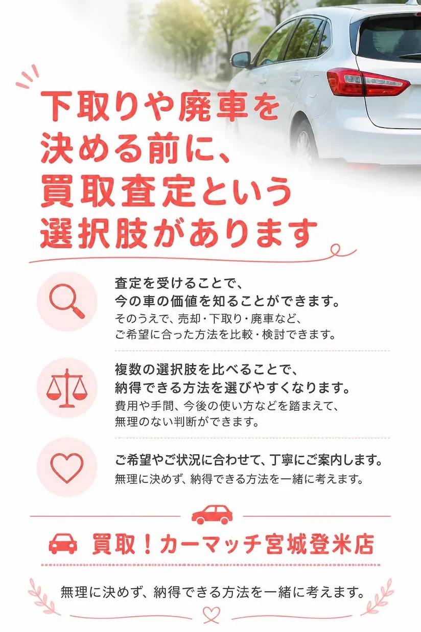下取りや廃車を決める前に買取査定を比較し、車の価値や希望に合う売却方法を検討する案内