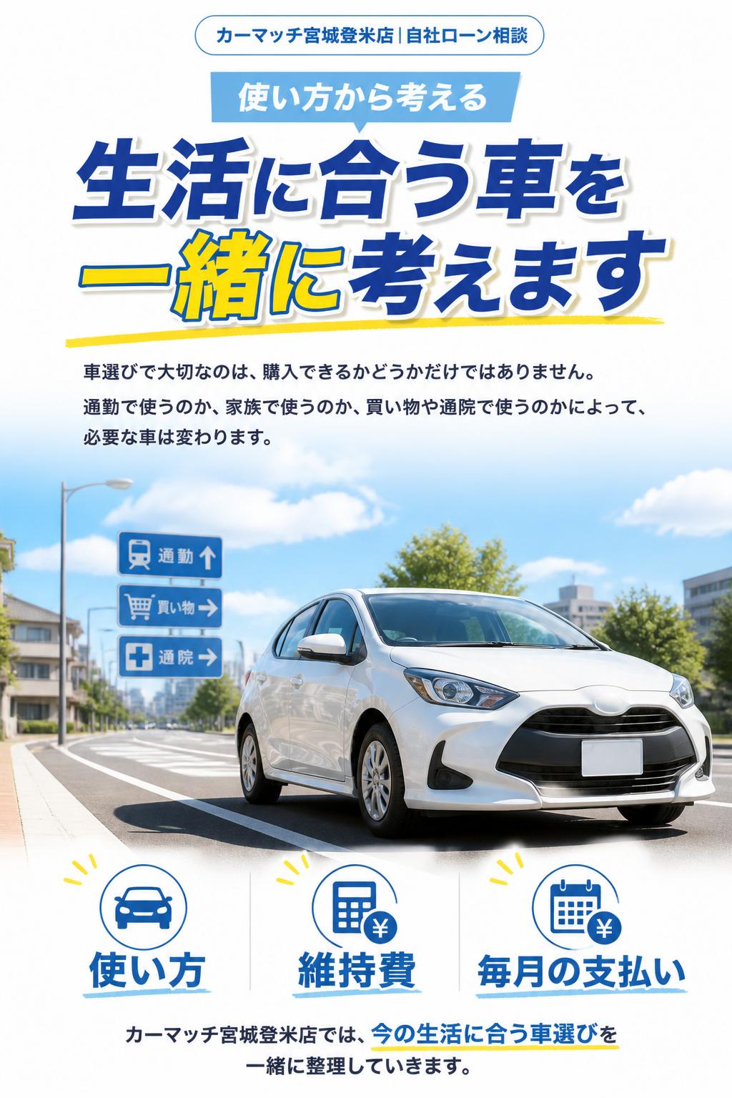 生活に合う車を一緒に考えます
車選びで大切なのは、購入できるかどうかだけではありません。
通勤で使うのか、家族で使うのか、買い物や通院で使うのかによって、必要な車は変わります。
カーマッチ宮城登米店では、毎月の支払いだけでなく、使い方や維持費まで含めて、今の生活に合う車選びを一緒に整理していきます。