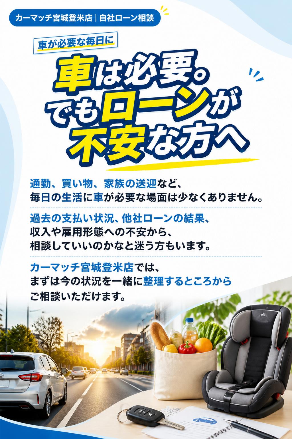 車は必要。でもローンが不安な方へ
通勤、買い物、家族の送迎など、毎日の生活に車が必要な場面は少なくありません。
一方で、過去の支払い状況や他社ローンの結果、収入や雇用形態への不安から、「自分でも相談していいのかな」と迷ってしまう方もいます。
カーマッチ宮城登米店では、そうした不安をいきなり否定せず、まずは今の状況を一緒に整理するところからご相談いただけます。