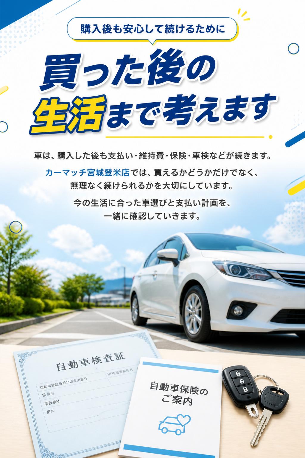 買った後の生活まで考えます
車は、購入した後も支払い・維持費・保険・車検などが続きます。
だからこそ、カーマッチ宮城登米店では「買えるかどうか」だけでなく、「無理なく続けられるか」を大切にしています。
今の生活に合った車選びと支払い計画を、一緒に確認していきます。