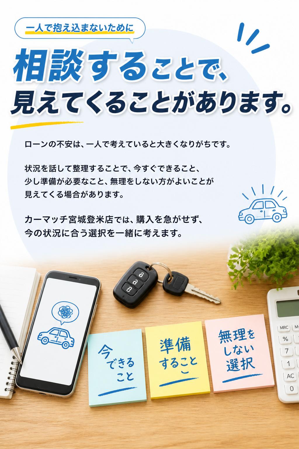 相談することで、見えてくることがあります
ローンの不安は、一人で考えていると大きくなりがちです。
状況を話して整理することで、今すぐできること、少し準備が必要なこと、無理をしない方がよいことが見えてくる場合があります。
カーマッチ宮城登米店では、購入を急がせず、今の状況に合う選択を一緒に考えます。
